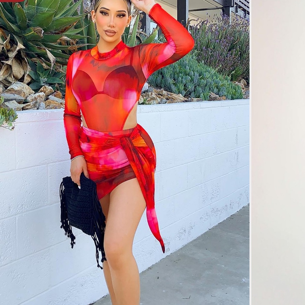Red Mesh Skirt Set